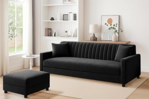 Image of Modern 3-Seater Wooden Sofa Set with Ottoman, Soft Velvet Upholstery, Comfortable Couch for Living Room, Office & Apartment - Black Color