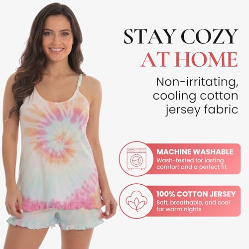 Image of Just Love Women's Tie Dye Pajama Short Set, 100% Cotton Tank and Shorts Sleepwear with Ruffle Detail