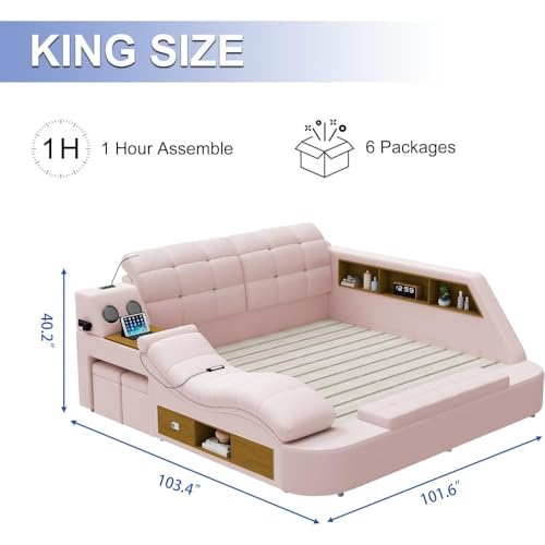 King Size Smart Multifunctional Bed Frame, Luxury Smart King Bed Frame Bedroom Furniture with Massage Recliner, Bluetooth Speake, USB Charging Station, Leather Headboard