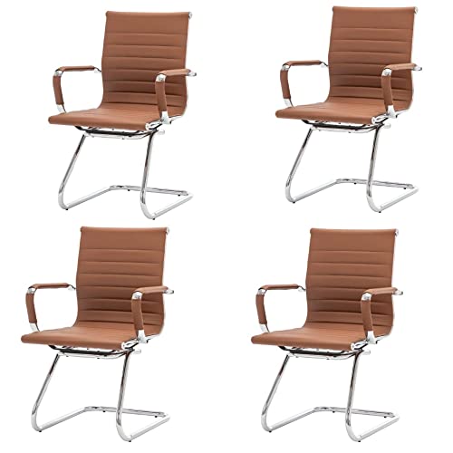 Image of HNY Leather Office Guest Chairs & Reception Chairs Set of 4, Modern Waiting Room Chairs with Arms, Desk Chair no Wheels with Sled Base for Waiting Room /Conference Room, Coffee