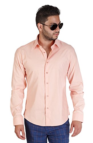 Azar Man New Men's Slim Fit Men's Solid Color Dress Shirts Spread Collar (Large 16, Peach Orange) #TOP2