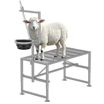 Goat Milking Stand with Removable Feed Bin, 600LB Heavy Duty Goat Stand for Hoof Trimming & Grooming, Adjustable Livestock Stanchion for Goats & Sheep, Silver