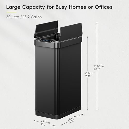 Image of EKO Phantom-T 13.2 Gallon / 50L Automatic Sensor Kitchen Trash Can or Recycling Bin, Slim Stainless Steel Touchless Garbage Bin with Soft-Close Dual Wing Lid for Home & Office, Matte Black
