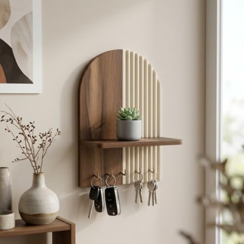 Image of Home Sparkle Wall Mounted Key Holder for Home Entrance with Shelf | Premium MDF Wood Organizer with Paint Finish | Modern 5 Hooks for Keys Small Planter & Decorative Essentials | Walnut & Ivory White