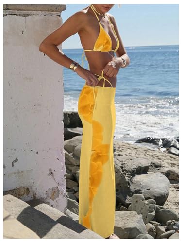 Verdusa Women's 3 Piece Floral Print Bikini Sets Swimsuit with Mesh Maxi Skirt3