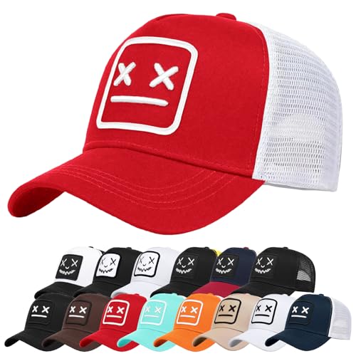 Enwokran Baseball Cap Mens Quirky Bizarre Embroidery Hats Unisex, Hip Hop Trucker Caps Adjustable Mesh Back UPF 50+ UV Protection Summer Sun Hat Sports Cap (Red)