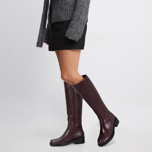 Image of Dsevht Black Knee High Boots for Women Faux Leather Elastic Low Heel Round Square Toe Side Zipper Fall Long Tall Boot