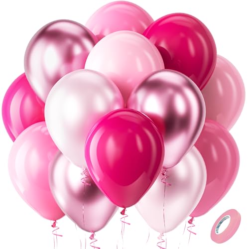 Bezente Pink Balloons Set,60pcs 12 inch Metallic Pearl Pink, Hot & Pastel Pink Latex Balloons Kit...