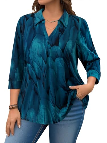 Amrto Womens Plus Size Shirts Collar Tops 3/4 Sleeve V Neck Blouse Loose Fit Soft Casual Business(XL-5XL)