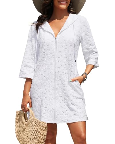 Yonique Terry Cloth Cover Up - Long Sleeve Cover Swimsuit Hooded Zipper Beach Cover-up with Pockets White M