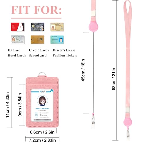 Image of Conisy ID Badge Holder with Retractable Lanyard, Vertical PU Leather ID Badge Card Holder with 2 Card Slots for Women Men (ID Badge Holder Pink)