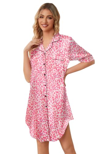 Image of Schbbbta Girls & Women Silk Nightgown, Short Sleeve Button Down Satin Nightshirt Pajama House Dress, 3 Years- Women 2XL
