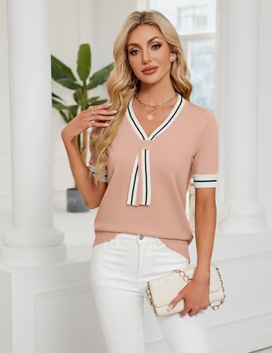 Image of Libsorge Womens Lightweight Cute Bow Tie Sweater Spring 2026 Business Casual Outfits V Neck Short Sleeve Tops