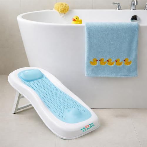 Image of MOM CARE Foldable Baby Bath Support Seat for Newborn (0-6 Months) | Anti-Slip Silicone Baby Bather | Ergonomic Infant Bath Seat for Sink, Tub & Floor | Portable Newborn Bath Support Chair | Blue