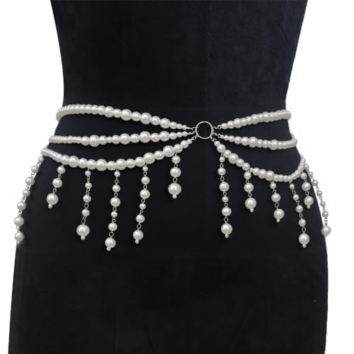 Pearl Waist Chain Belt - Punk Gothic Crossover Body Belly Chains Tassel for Women Girl (Silver)