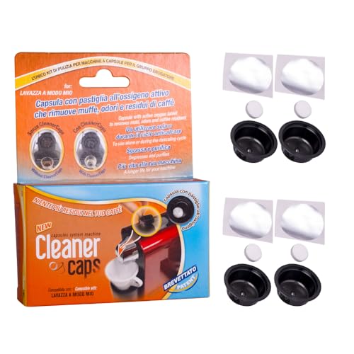 CleanerCaps Pulizia Macchina Caffè - Compatibile con Lavazza A Modo Mio - 4 Capsule Detergenti - Pulizia Beccuccio di Uscita Caffè - Pulizia Interna Igienizzante e non Corrosiva, Facile e Automatica