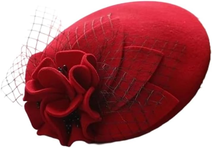 Womens Wedding Hat with Flower Wool Church Beret for Cocktail Felt Fedoras Cap