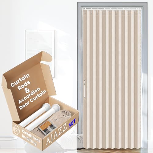 Image of AJAZZ Blackout Accordion Door with Curtain Rods Adjustable 28-39 inch Long Invisible Sliding Glass Door Curtain for Bedroom Living Room Doorway Curtain Sets (1 Pack, 43 W x 78 L, Cream Yellow)