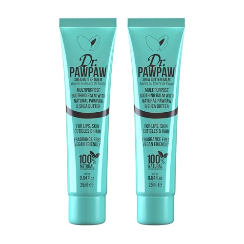 Dr.PAWPAW Shea Butter Balm 2 x 25ml, Multi Purpose Natural Fragrance Free Pawpaw Balm with Shea Butter, Vegan Hydrating Care for Lips Skin Hair Cuticles and Nails
