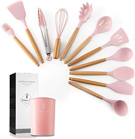 Decdeal – Set di 11 utensili da cucina in silicone antiaderente, con manico in legno Rosa