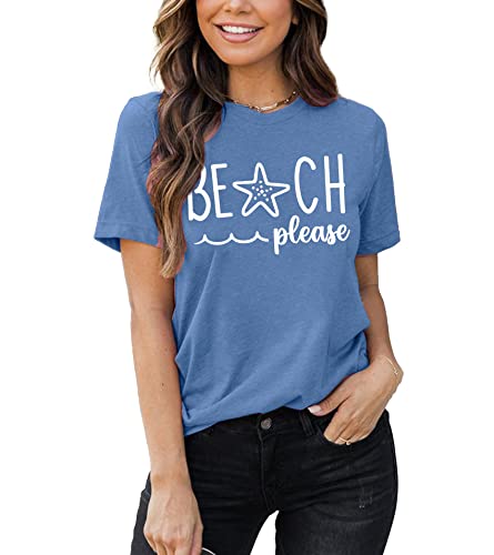 Summer T Shirt For Women Wave Coconut Tree Graphic Short Sleeve Casual Vacation Trip Tee Top(Blue,Medium) #TOP2