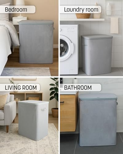 Keplin Collapsible Laundry Basket with Lid – 2 Section Clothes Sorter Hamper 150L – Large Fabric Washing Bin with Removable Liner, Handles & Bottom Strap – Foldable Grey Laundry Organizer 56x40x67cm - Cosy Home Interiors Keplin Collapsible Laundry Basket with Lid – 2 Section Clothes Sorter Hamper 150L – Large Fabric Washing Bin with Removable Liner, Handles & Bottom Strap – Foldable Grey Laundry Organizer 56x40x67cm - Image 9