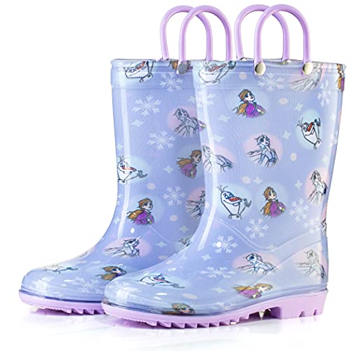 Disney Frozen 2 Girls' Anna, Elsa & Olaf Waterproof PVC Rain Boots with Easy-On Handles – Pink & Purple – Toddler & Little Kid Sizes2
