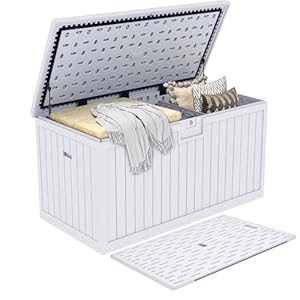 DWVO 230 Gallon Double-Wall Deck Box with Divider, XXL Extra Large Resin Outdoor Storage Box, Lockable & Waterproof, Double as Seating, 1000lbs Capacity (Grayish-White)