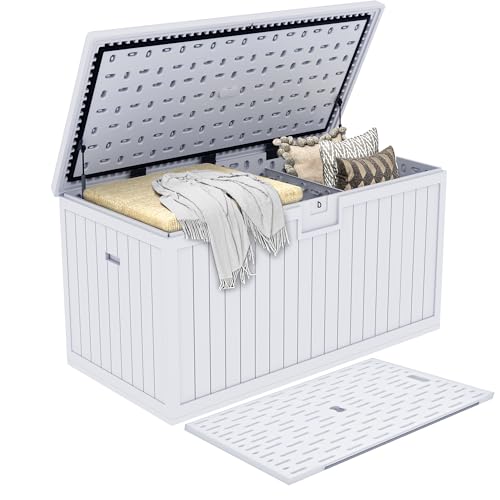 DWVO 230 Gallon Double-Wall Deck Box with Divider, XXL Extra Large Resin Outdoor Storage Box, Lockable & Waterproof, Double as Seating, 1000lbs Capacity (Grayish-White)