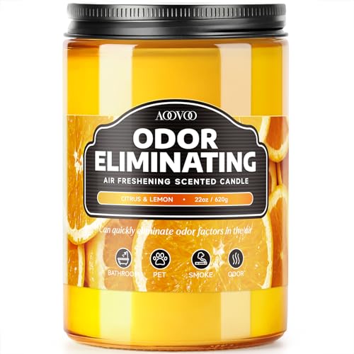 Image of AOOVOO Citrus Lemon Large Odor Eliminating Highly Fragranced Candle - Eliminates 95% of Pet, Smoke, Food, and Other Smells Quickly, Air Freshing Soy Candle, 22 oz Up to 110 Hours Burn time