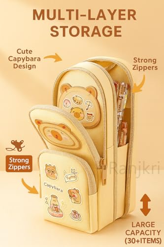 Image of Kawaii Cute Capibara Pencil Pouch for Kids with Push-Pull Eraser Set | Multi-Layer Storage, Strong Zippers, Premium Polyester | School Stationery Combo Gift for Boys & Girls