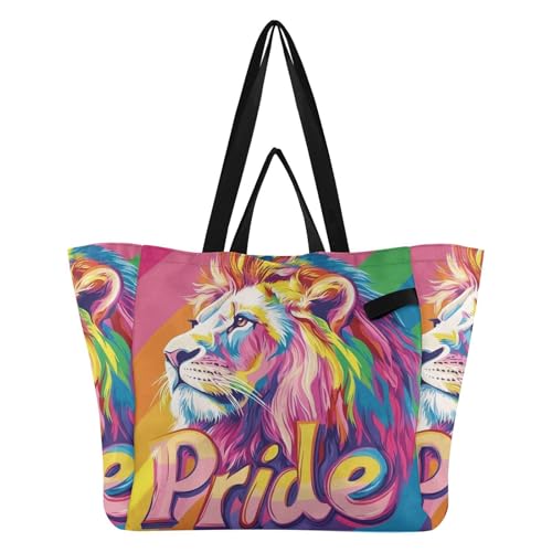 Bolsas grandes para cocina, comestibles, manualidades, viajes, playa, boda, lavandería, mes del orgullo, un león colorido