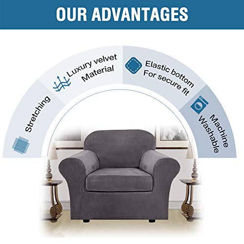 H.versailtex Rich Velvet Stretch 2 Piece Chair Cover Chair Slipcover Sofa Cover Furniture Protector Couch Soft With Elastic Bottom Chair Couch Cover With Arms, Machine Washable(Chair,Grey) #TOP4