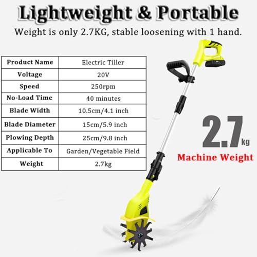 Motozappa elettrica senza fili da 20 V, coltivatore a basso rumore con larghezza di 10,5 cm/25 cm, profondità 25 cm/22 cm, 250/270 giri/min per prato e giardinaggio