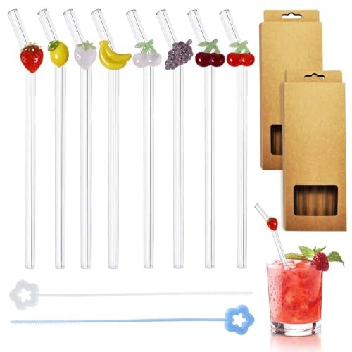 8 Piezas Pajitas de Cristal Reutilizables, Pajitas Curvadas de Cristal mit 2 Limpiador Popotes, Adecuado para Batido, Jugo, Cóctel y Smoothie