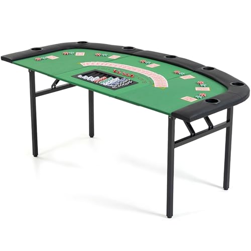 WENTUM Poker Table Foldable 8-Player Poker Table with Chip Trays & Collapsible Legs Folding Texas Holdem Game Table for Blackjack Easy Assembly Green