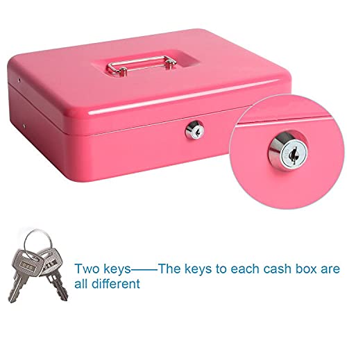 Large Cash Box With Money Tray And Lock, Lovndi Metal Money Box For Cash, Lockbox 11.8 X 9.5 X 3.54 Inches, Pink #TOP6