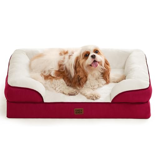 Image of EHEYCIGA Orthopedic Dog Beds for Large Dogs, Waterproof Memory Foam Large Dog Bed with Sides, Non-Slip Bottom and Egg-Crate Foam Pet Couch Bed with Washable Removable Cover,Red