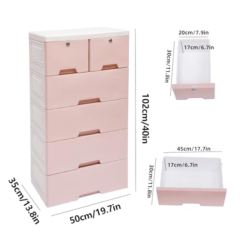 Armario grande rosa de 6 cajones, cómoda de plástico con ruedas resistentes a los arañazos y cajones pequeños con cerradura, para habitación infantil, color rosa - imagen 3