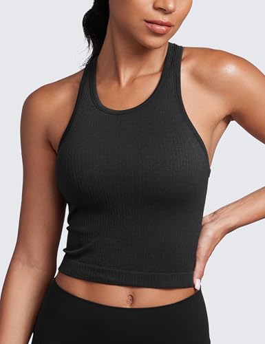 CRZ YOGA Womens Seamless Ribbed Longline High Neck Sports Bra - Racerback Padded Slim Fit Crop Tank Top with Built in Pads2