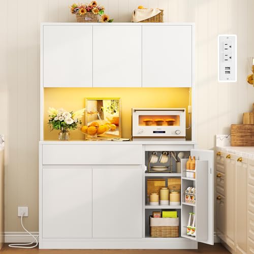 TEENFON Pantry Cabinet with Charging Station and LED Light, Kitchen