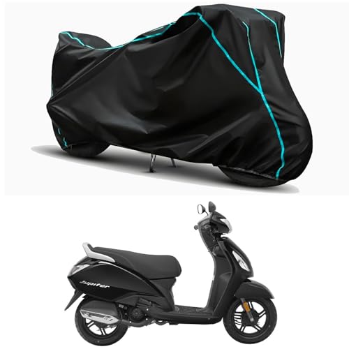 Image of Waterproof Bike Body Cover Compatible for | TVS Jupiter | Taffeta Fabric, Sky Piping Design, Bottom Elastic Fit | Dustproof, Sun UV & Rain Protection for All Weather.