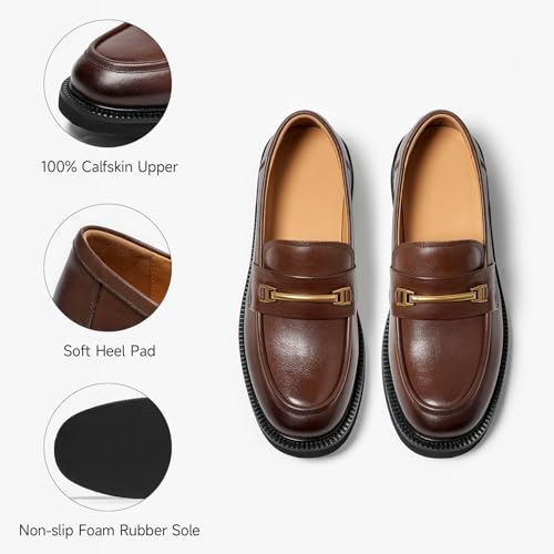 Image of BEAU TODAY Leather Loafers Women, Slip On Penny Loafers for Women Casual Shoes, Chunky Platform Comfortable Business Office Ladies Dress Shoes with Metal Buckle Brown US 8.5