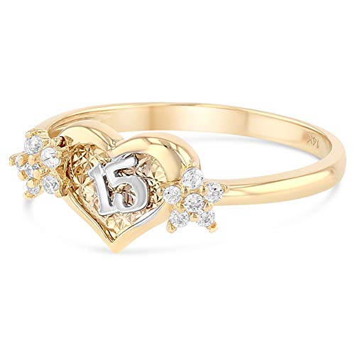 Ioka - 14K Solid Yellow Gold 15 Years Birthday Cz Heart Quinceanera Ring - Size 7 #TOP1