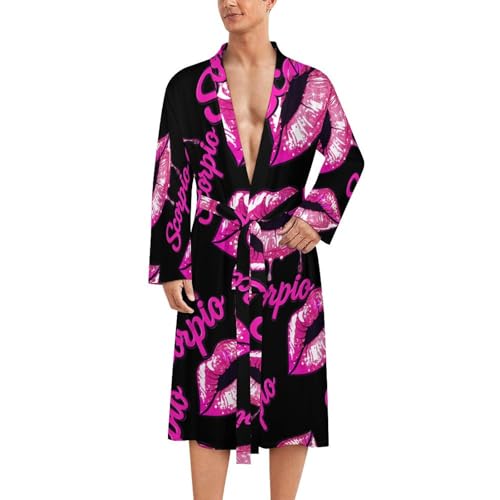 Scorpio Zodiac Birthday Pink Lips Men's Bathrobes Long Sleeve Loungewear Soft Sleepwear V Neck Nightgown