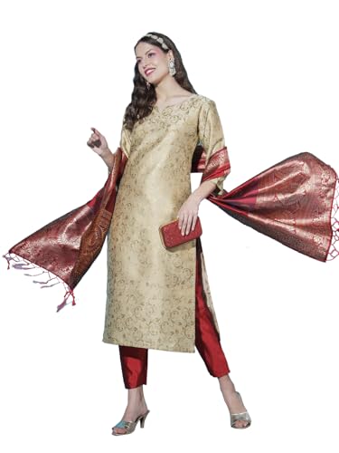 Image of VredeVogel Women's Cotton Silk Jacquard Kurta Pant Set with Banarasi Woven Self Designed Dupatta