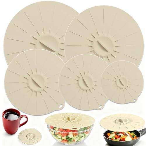 Couvercle en silicone réutilisable universel pour aliments en 5 tailles, convient à tous les récipients ronds à bord plat (couleur crème)