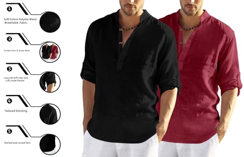 Image of FINIVO FASHION Men's Cotton Blend Solid Full Sleeve Combo Short Kurta Shirt, Regular Fit Solid Pattern Mandarin Collar Straight Kurta Shirt