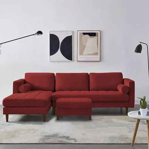 Image of Lezra LHS 4 Seater L Shape Sofa Set with Center Table for Living Room (Maroon Fabric) Premium Fabric Sofa