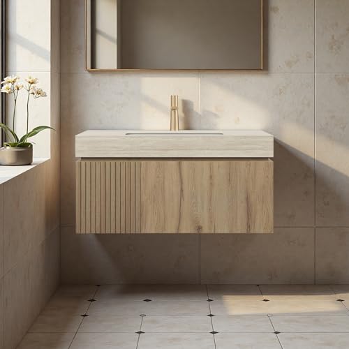 Image of 36 inch Bathroom Vanity with Sink, Wall-Mounted Plywood Bathroom Storage Cabinet with Ceramic Basin & Sintered Stone Countertop, Modern Pre-Assembled Floating Vanity with Drawer & Door, Oak
